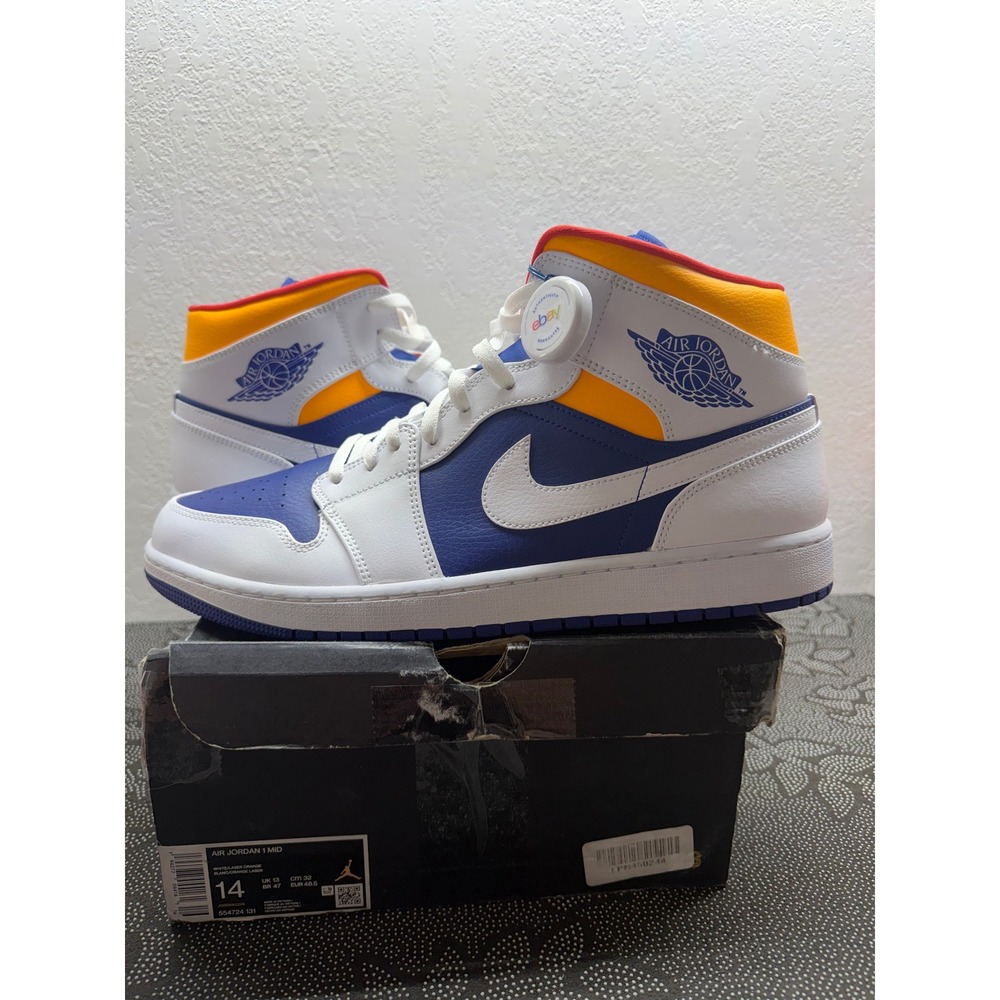 Air Jordan 1 Mid White Laser Orange Deep Royal Blue 554724-131 Mens Size 14